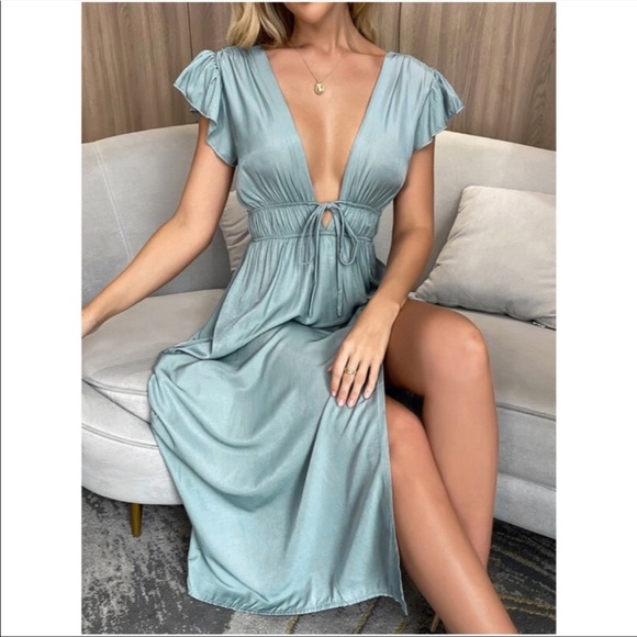 Boho v  neck plunging neckline midi dress burgundy - Picture 6 of 13